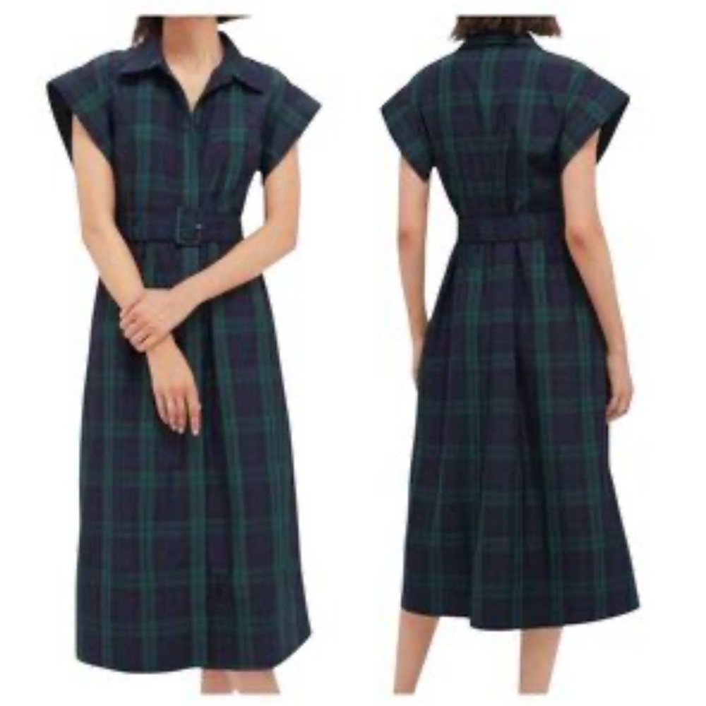 Classic Green Plaid Midi Shirt Dress with Belt
